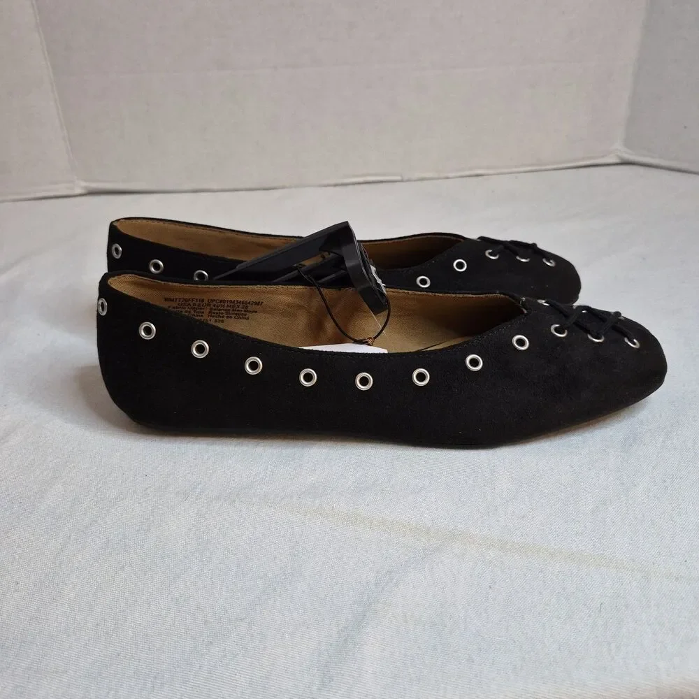 Time And Tru Women's Corset Ballet Flats Size 9 Black Faux Suede  Grommets